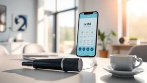 MV88 app interface displayed on a mobile device in a professional workspace.