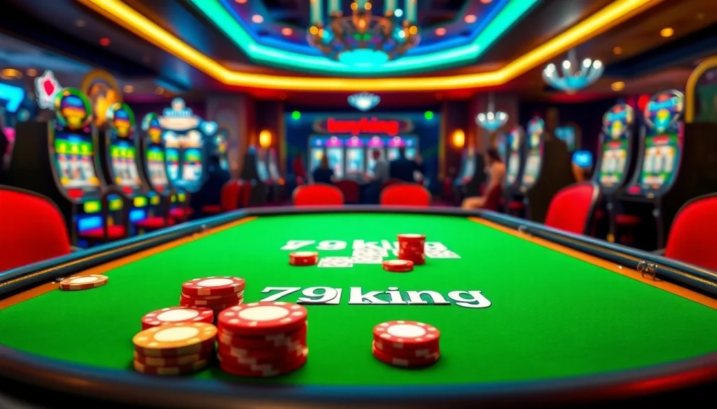 Action-packed scene showcasing 79king chips and cards on a poker table in a vibrant casino setting.