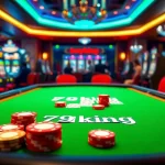 Action-packed scene showcasing 79king chips and cards on a poker table in a vibrant casino setting.