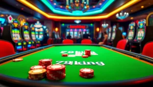 Action-packed scene showcasing 79king chips and cards on a poker table in a vibrant casino setting.