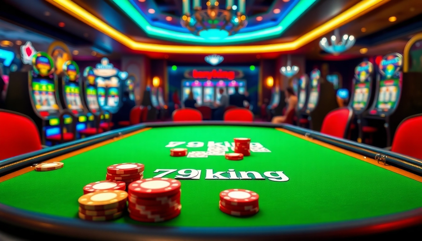 Action-packed scene showcasing 79king chips and cards on a poker table in a vibrant casino setting.