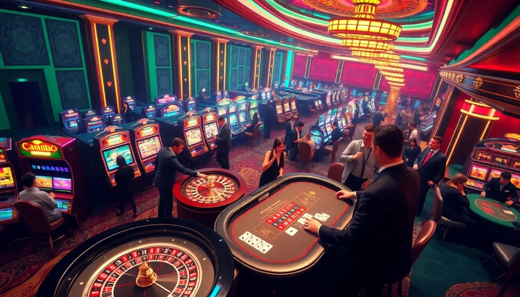Experience excitement at MM88 casino with vibrant slot machines and roulette tables filled with eager players.