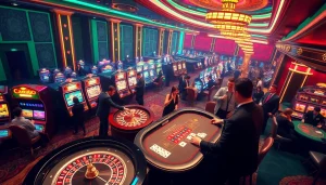 Experience excitement at MM88 casino with vibrant slot machines and roulette tables filled with eager players.
