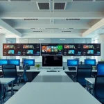 Visualize a professional virtual desktop infrastructure (VDI) workspace with modern tech setup.