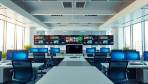 Visualize a professional virtual desktop infrastructure (VDI) workspace with modern tech setup.