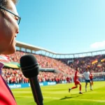 축구중계 실황 중계 장면에서 경기와 해설자를 강조합니다.