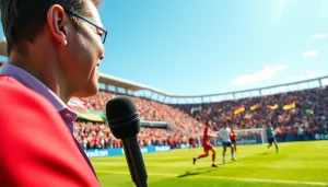 축구중계 실황 중계 장면에서 경기와 해설자를 강조합니다.