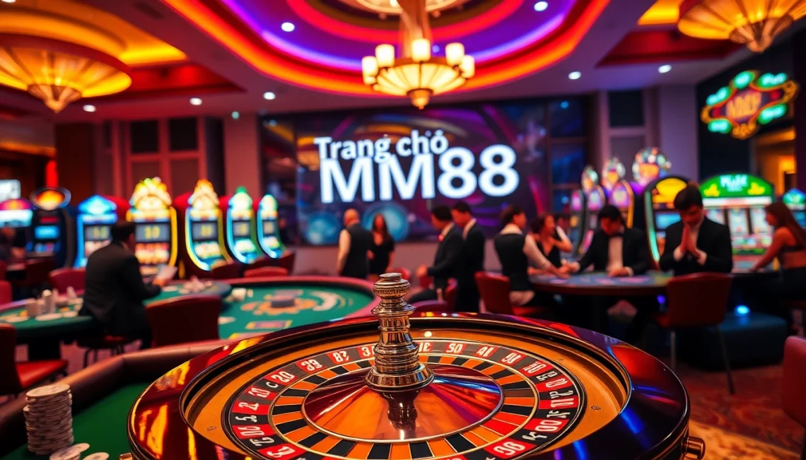 Explore a lively casino scene with players at the Trang chủ MM88 roulette wheel, showcasing excitement and glamour in gambling.