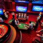 Experience thrilling gaming with Okfun at a lively casino, featuring roulette, poker, and vibrant slot machines.