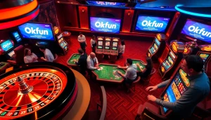 Experience thrilling gaming with Okfun at a lively casino, featuring roulette, poker, and vibrant slot machines.