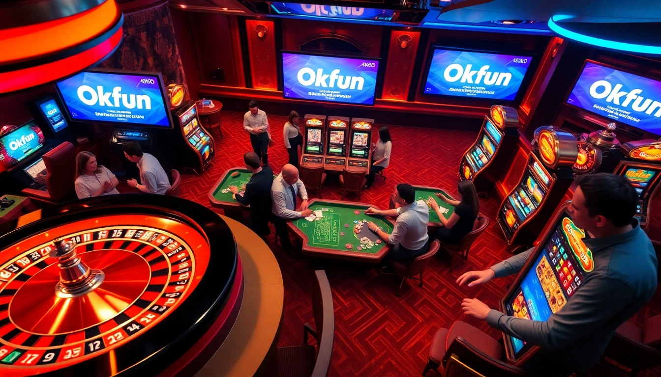 Experience thrilling gaming with Okfun at a lively casino, featuring roulette, poker, and vibrant slot machines.