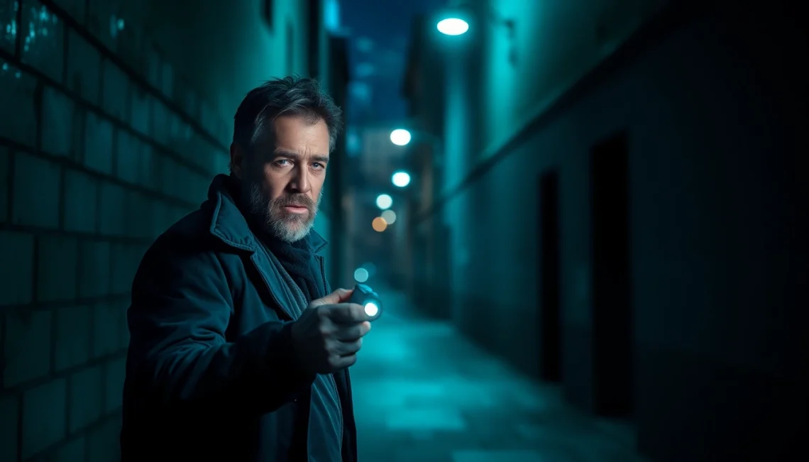 Thrilling scene depicting a detective on the case, better than Jack Reacher.