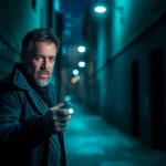 Thrilling scene depicting a detective on the case, better than Jack Reacher.