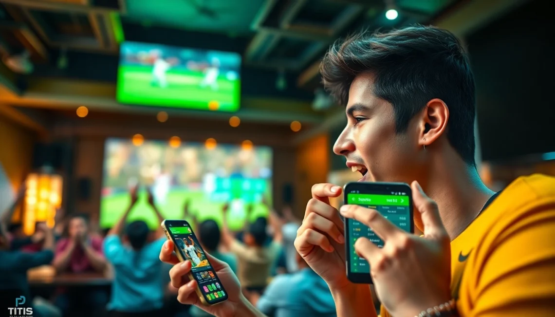 Experience the excitement of online sportsbooks India with a young adult placing bets in a lively setting.