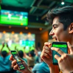 Experience the excitement of online sportsbooks India with a young adult placing bets in a lively setting.