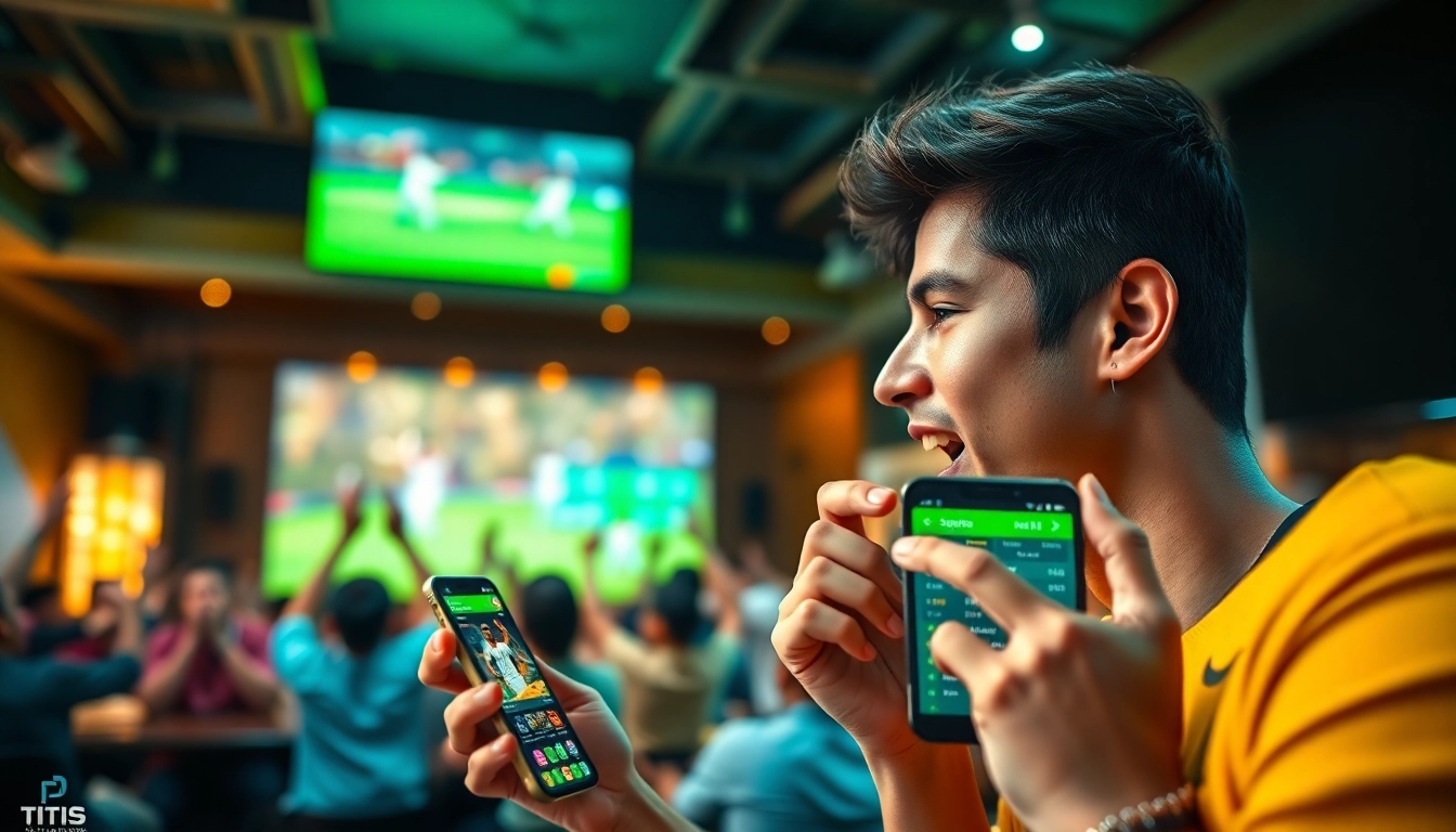 Experience the excitement of online sportsbooks India with a young adult placing bets in a lively setting.