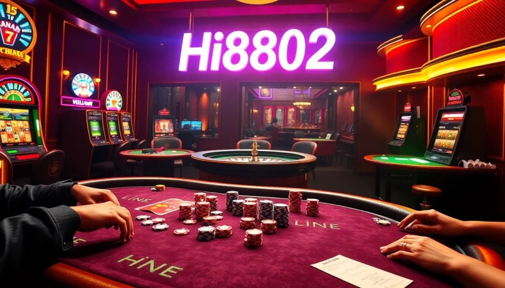 Experience the thrill of Hi8802 at a bustling casino with vivid poker and roulette excitement.
