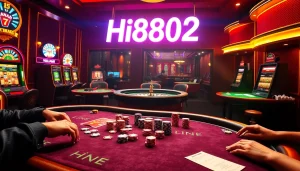 Experience the thrill of Hi8802 at a bustling casino with vivid poker and roulette excitement.