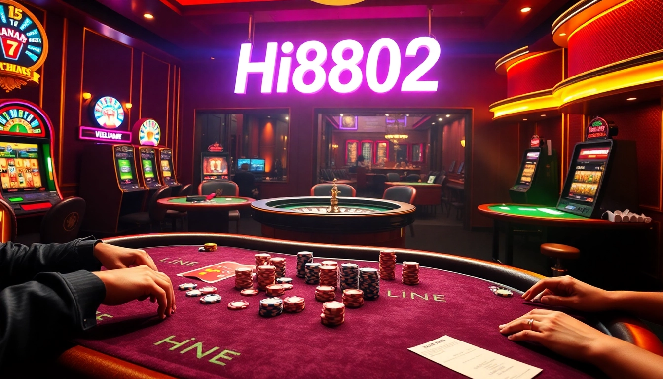 Experience the thrill of Hi8802 at a bustling casino with vivid poker and roulette excitement.