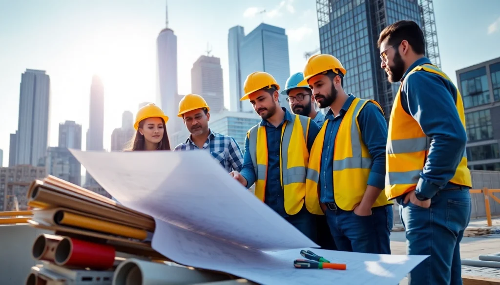 Showcasing a team of professionals working as New York City Commercial General Contractor on site with blueprints and skyline.