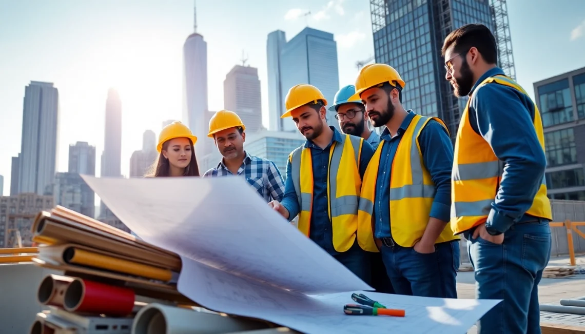 Showcasing a team of professionals working as New York City Commercial General Contractor on site with blueprints and skyline.
