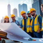 Showcasing a team of professionals working as New York City Commercial General Contractor on site with blueprints and skyline.