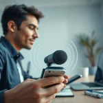 MV88 microphone connected to smartphone, showcasing high-quality audio capture in a modern workspace.