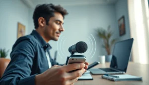 MV88 microphone connected to smartphone, showcasing high-quality audio capture in a modern workspace.