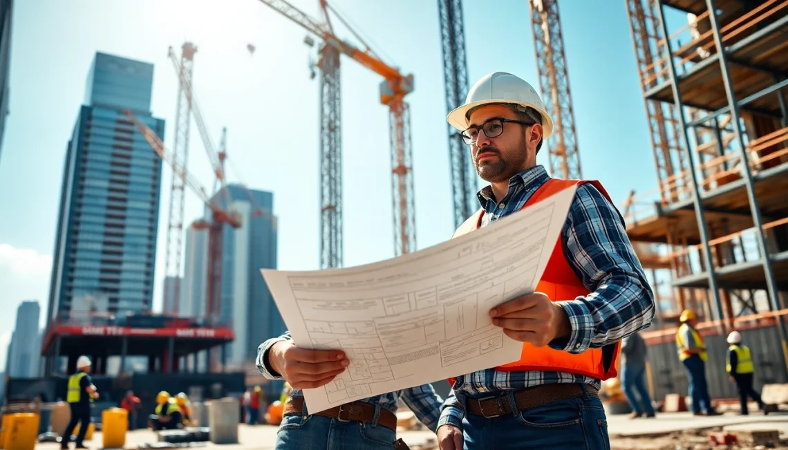 Manhattan Construction Manager overseeing a construction project activities with detailed blueprints.