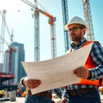 Manhattan Construction Manager overseeing a construction project activities with detailed blueprints.
