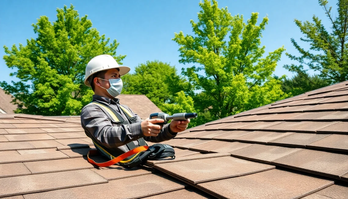 Professional roofing services contractor inspecting a roof in a residential neighborhood.