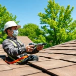 Professional roofing services contractor inspecting a roof in a residential neighborhood.