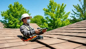 Professional roofing services contractor inspecting a roof in a residential neighborhood.