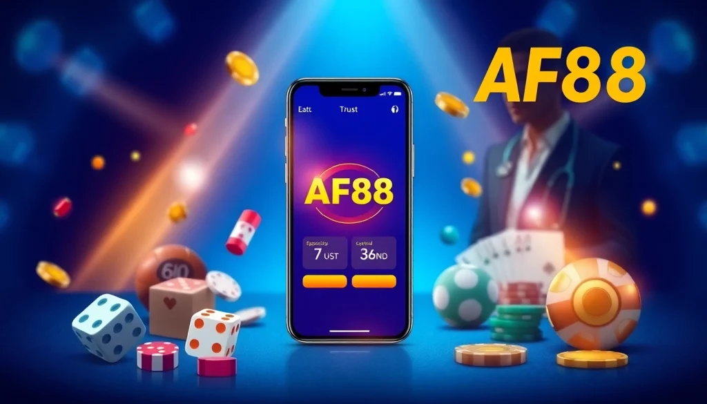 AF88 app showcasing online gaming features with a vibrant design and customer support.