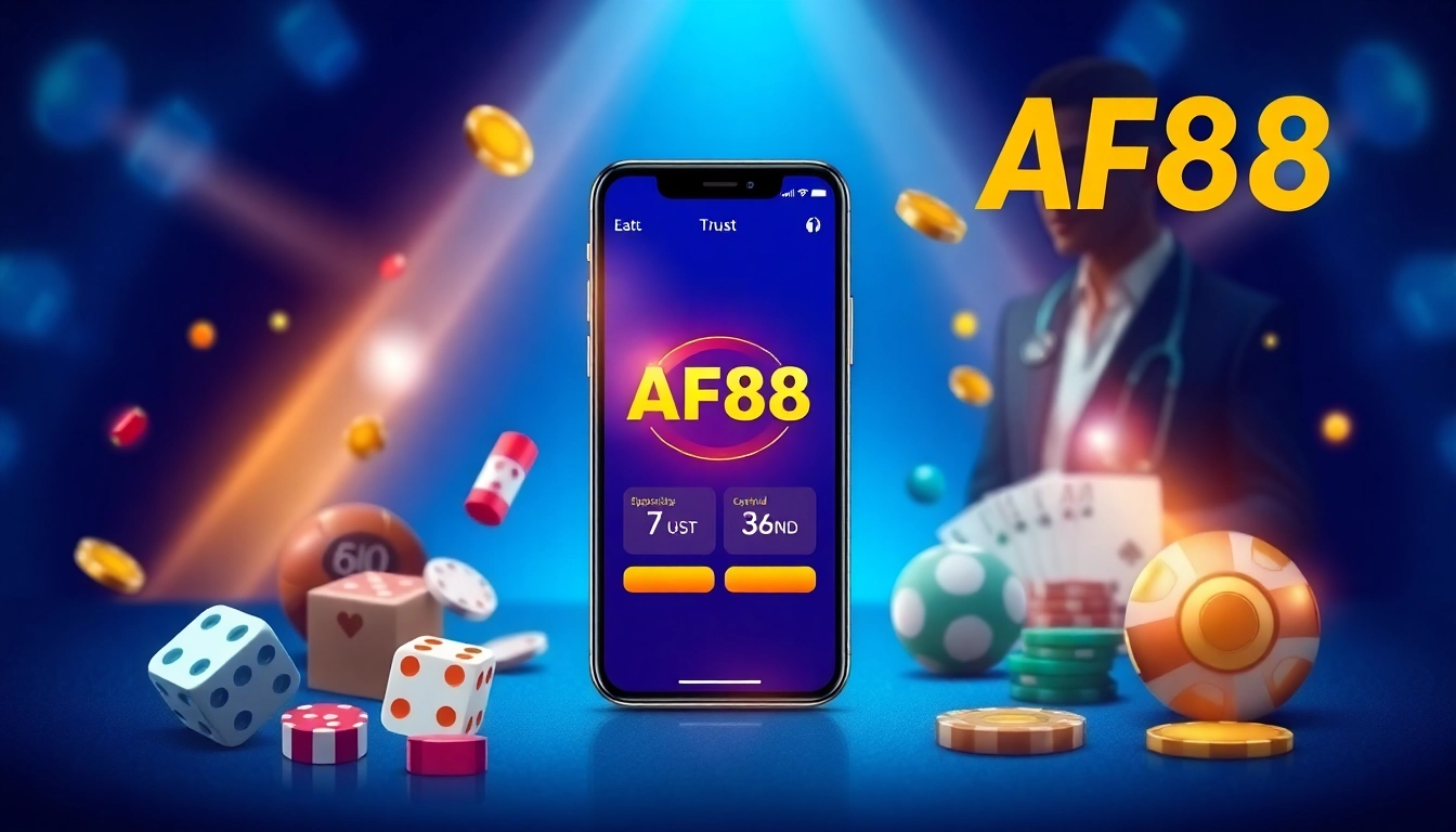 AF88 app showcasing online gaming features with a vibrant design and customer support.