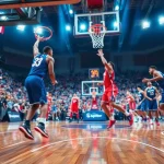 nba중계 중의 선수들이 활기차게 경기를 펼치는 장면