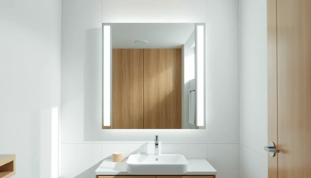 Moderner spiegelschrank led mit Beleuchtung im eleganten Badezimmer.