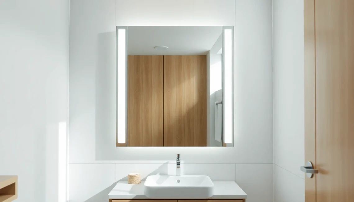 Moderner spiegelschrank led mit Beleuchtung im eleganten Badezimmer.