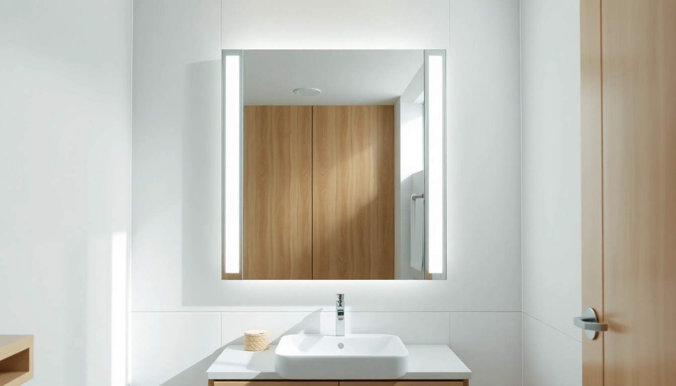 Moderner spiegelschrank led mit Beleuchtung im eleganten Badezimmer.