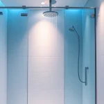 Gestalte ein Badezimmer, das den Stil von sonni sanitär GmbH zeigt, mit moderner Glasdusche und eleganten Armaturen.