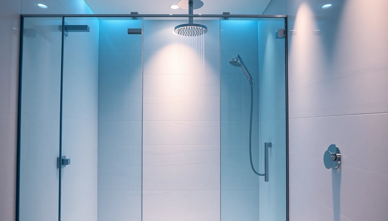 Gestalte ein Badezimmer, das den Stil von sonni sanitär GmbH zeigt, mit moderner Glasdusche und eleganten Armaturen.