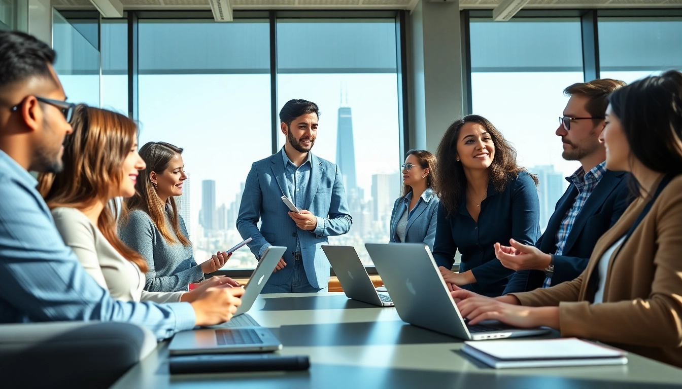 Engaging job seekers discussing opportunities for job in Chicago while networking in a modern office.