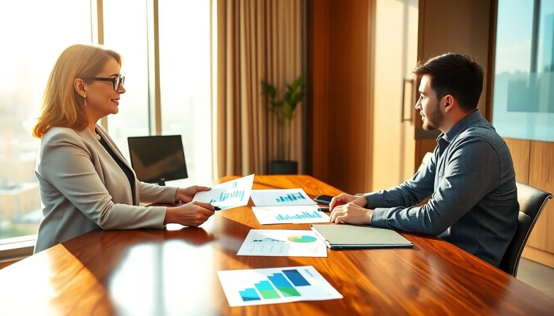 Engaging financial advisor discussing tax planning and wealth management with clients in a modern office.