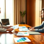 Engaging financial advisor discussing tax planning and wealth management with clients in a modern office.