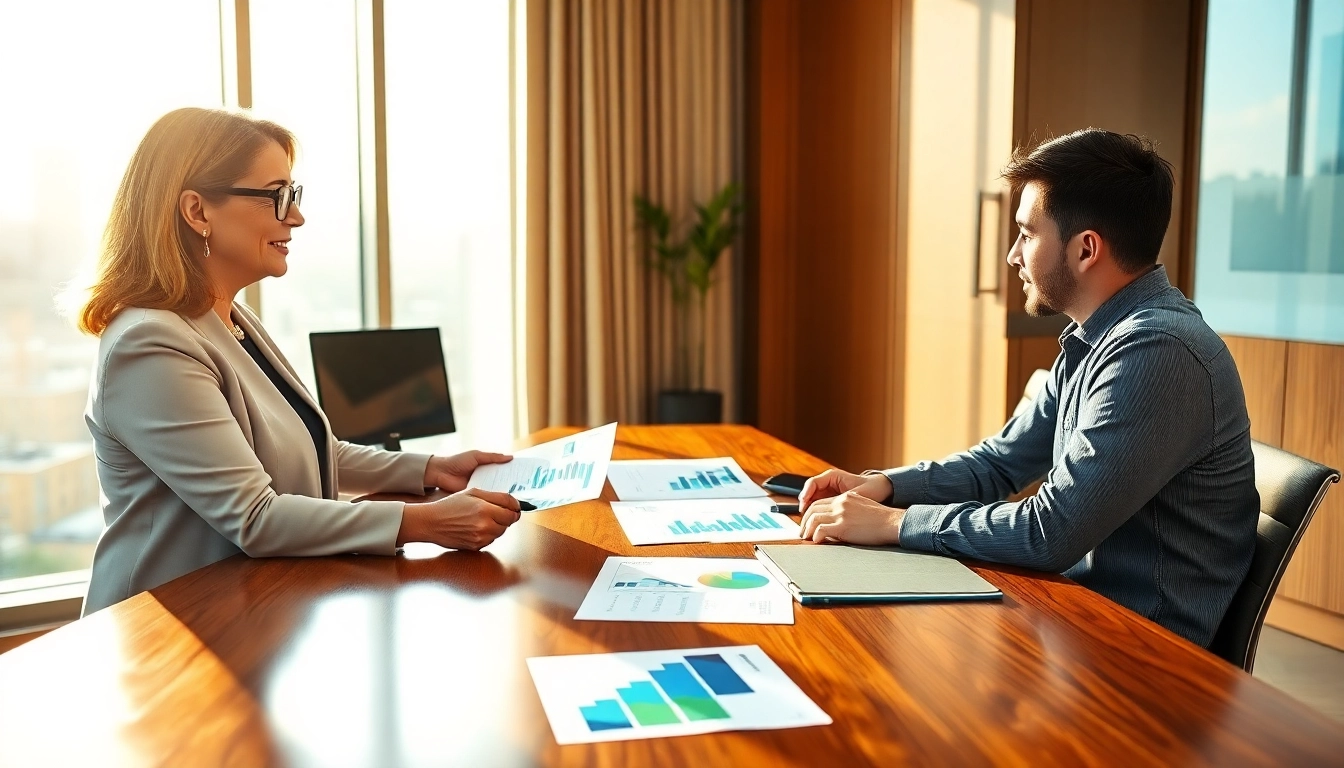 Engaging financial advisor discussing tax planning and wealth management with clients in a modern office.