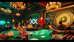 Experience the excitement of XX88 with vibrant poker gameplay and luxurious casino decor.