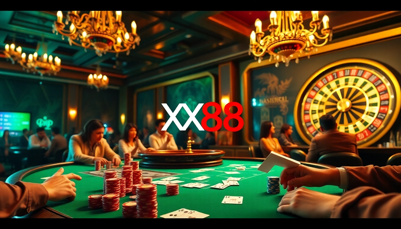 Experience the excitement of XX88 with vibrant poker gameplay and luxurious casino decor.