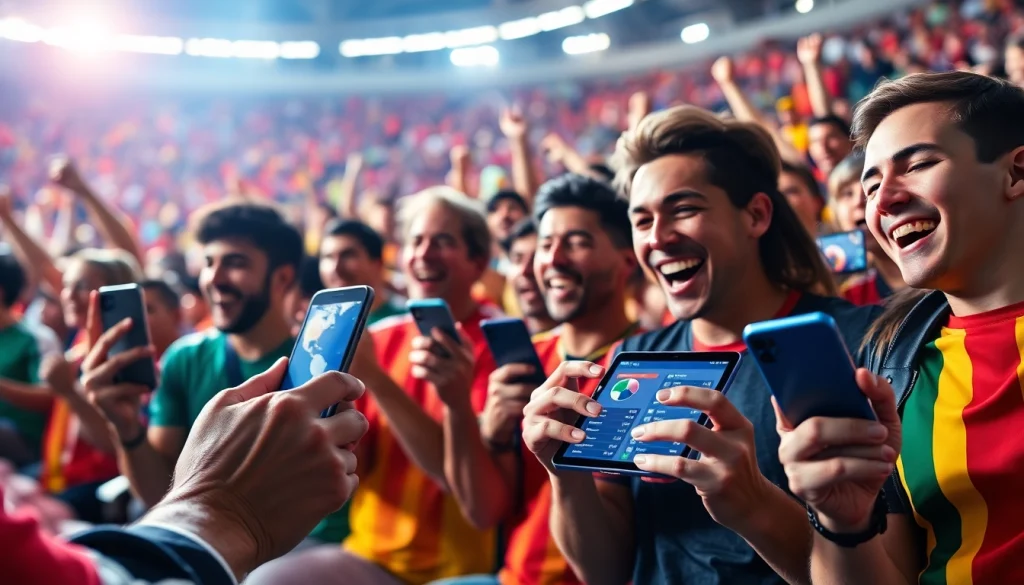 Engaged sports fans participating in sports betting Mexico from their devices in a lively stadium atmosphere.