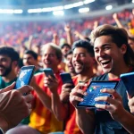Engaged sports fans participating in sports betting Mexico from their devices in a lively stadium atmosphere.