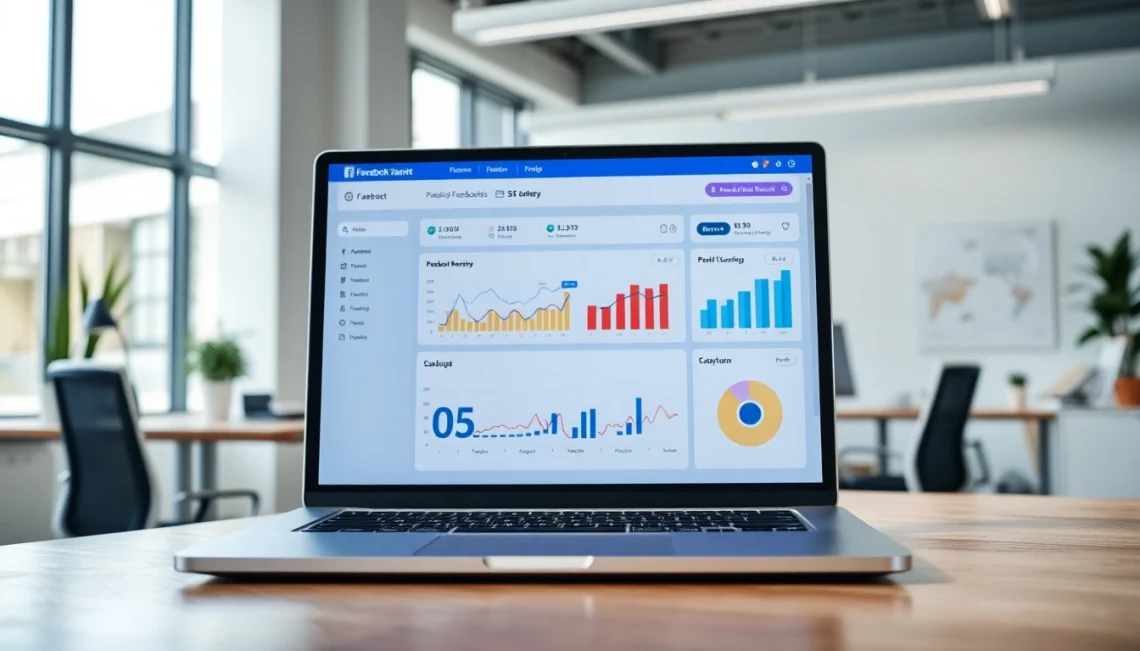 Showcase of a Facebook SMM panel on a laptop, highlighting statistics and engagement metrics.